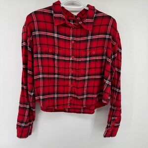 American Eagle Red Black Plaid Cropped Flannel Shirt Womens Medium Preppy Baggy
